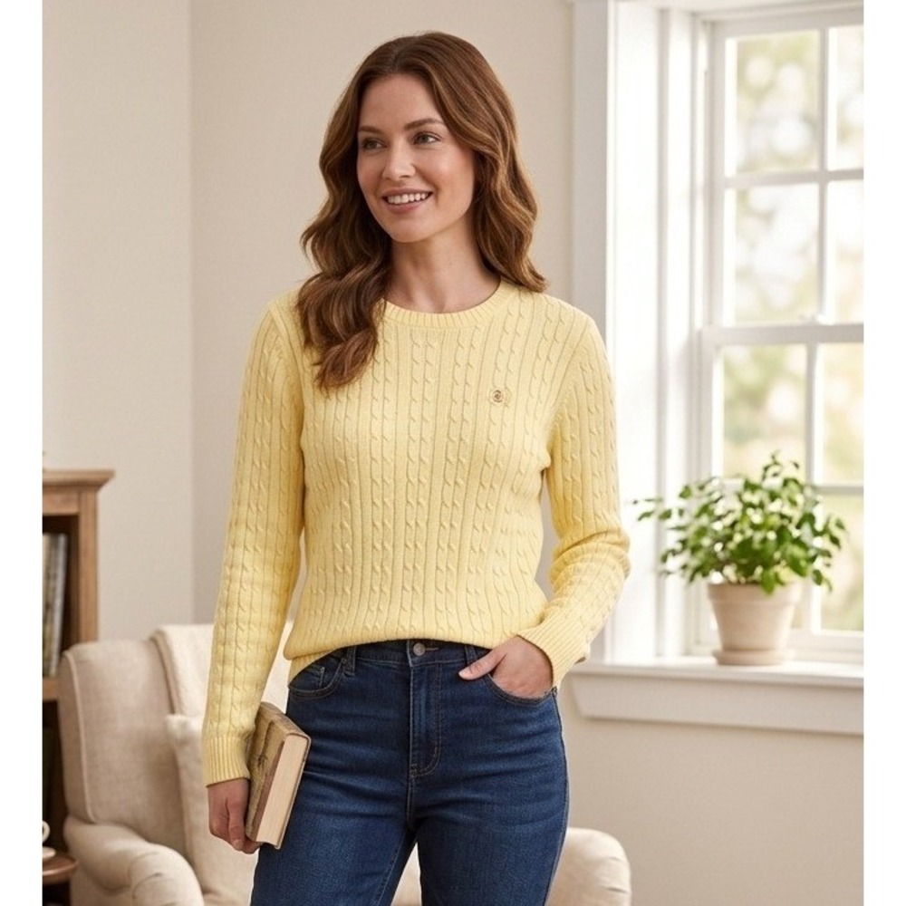 IZOD Cable Knit Crew Neck Sweater Women's XL Long Sleeve Logo Yellow 100% Cotton